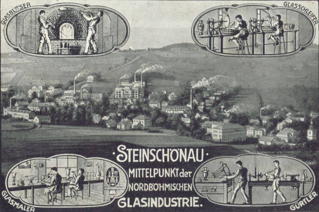 Historická pohlednice Kamenického Šenova s vyobrazením sklářských řemesel